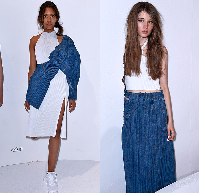 Faustine Steinmetz 2016 Spring Summer Womens Looks Presentation - London Fashion Week - London Collections Women British Fashion Council UK United Kingdom - Denim Jeans Frayed Raw Hem Destroyed Destructed Ripped Distressed Outerwear Jacket Accordion Pleats Dress Halter Crop Top Midriff Skirt Frock Vines Silk Satin Sheer Chiffon Mesh Net Stripes Tie Up Knit Sweater Asymmetrical Hem