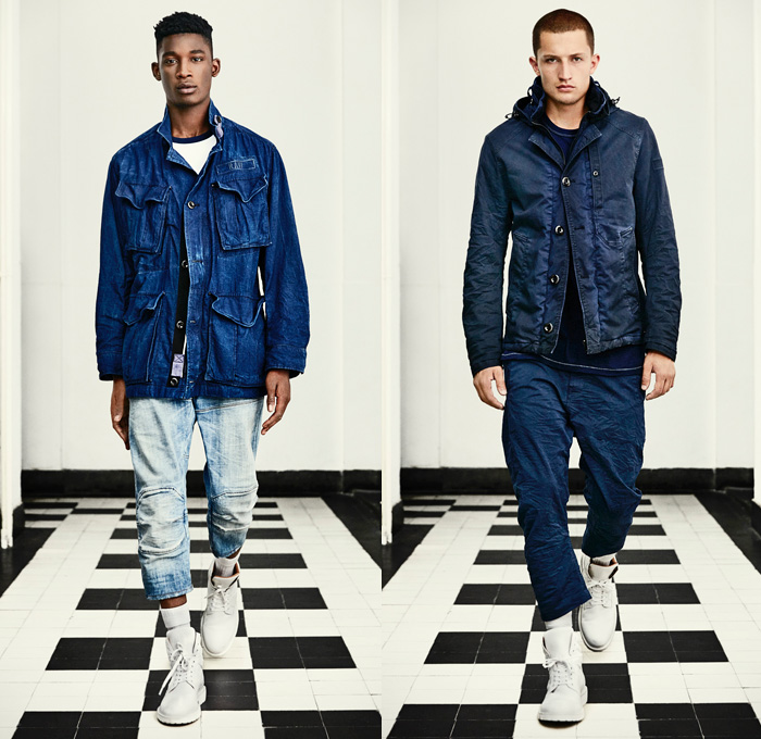 G-Star RAW Amsterdam 2016 Spring Summer Mens Lookbook - Desert Military Camouflage Vintage Distressed Raw Selvedge Denim Jeans Jacket 3D Slim Tapered Blazer Parka Cargo Pockets Knee Panels Boots Indigo Pants Trousers Wrinkled Hoodie Crinkle Paint Stains Splatter Suspenders Shirt Shorts