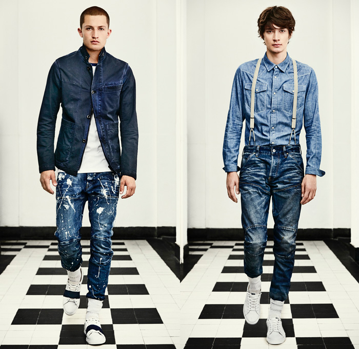 G-Star RAW Amsterdam 2016 Spring Summer Mens Lookbook - Desert Military Camouflage Vintage Distressed Raw Selvedge Denim Jeans Jacket 3D Slim Tapered Blazer Parka Cargo Pockets Knee Panels Boots Indigo Pants Trousers Wrinkled Hoodie Crinkle Paint Stains Splatter Suspenders Shirt Shorts