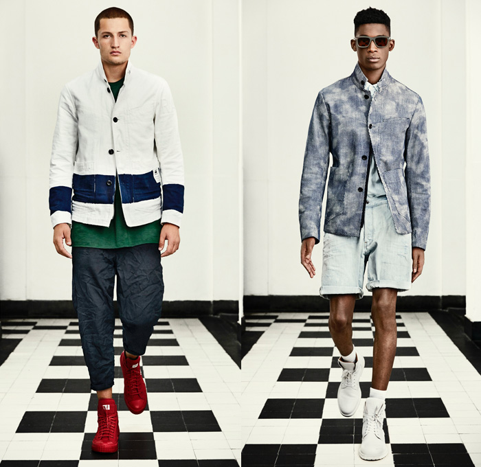 G-Star RAW Amsterdam 2016 Spring Summer Mens Lookbook - Desert Military Camouflage Vintage Distressed Raw Selvedge Denim Jeans Jacket 3D Slim Tapered Blazer Parka Cargo Pockets Knee Panels Boots Indigo Pants Trousers Wrinkled Hoodie Crinkle Paint Stains Splatter Suspenders Shirt Shorts