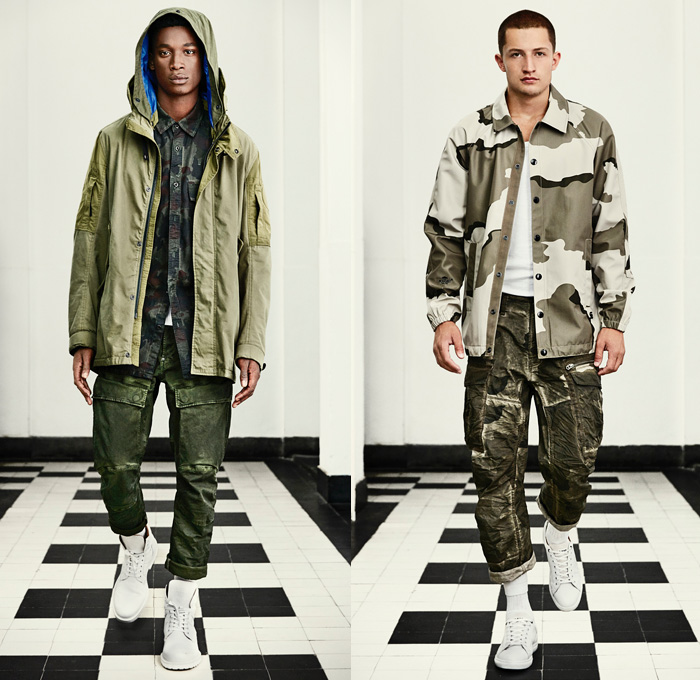 G-Star RAW Amsterdam 2016 Spring Summer Mens Lookbook - Desert Military Camouflage Vintage Distressed Raw Selvedge Denim Jeans Jacket 3D Slim Tapered Blazer Parka Cargo Pockets Knee Panels Boots Indigo Pants Trousers Wrinkled Hoodie Crinkle Paint Stains Splatter Suspenders Shirt Shorts