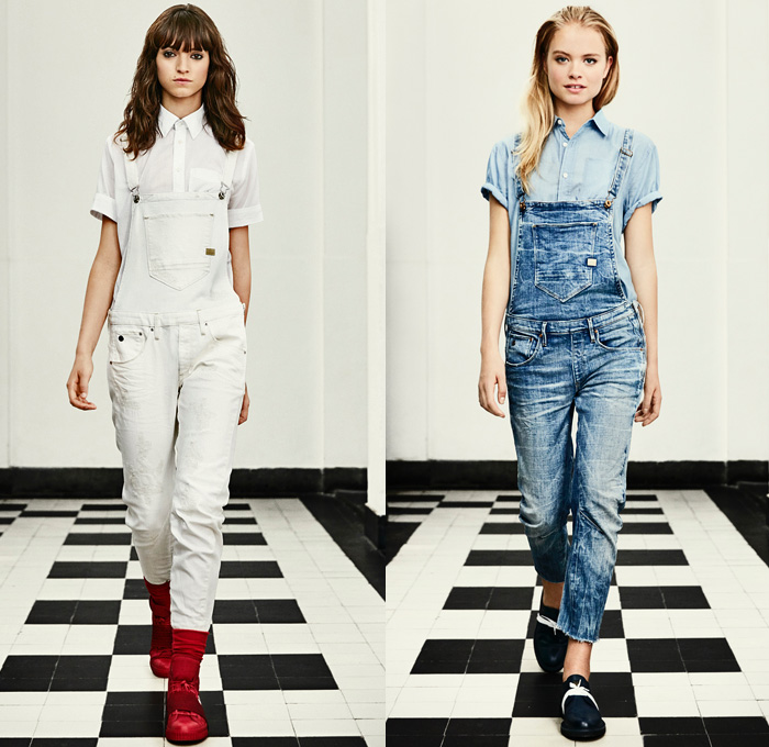 G-Star RAW Amsterdam 2016 Spring Summer Womens Lookbook - Raw Dry Vintage Selvedge Denim Jeans Cargo Pockets Outerwear Coat Parka Onesie Jumpsuit Coveralls Boiler Suit Bib Brace Dungarees Paint Splatter Stains Distressed Wide Leg Baggy Blouse Sneakers Faded Retro Suspenders Crop Top Midriff Jacket Knee Panels Dress Camo Camouflage Jungle Military Shorts