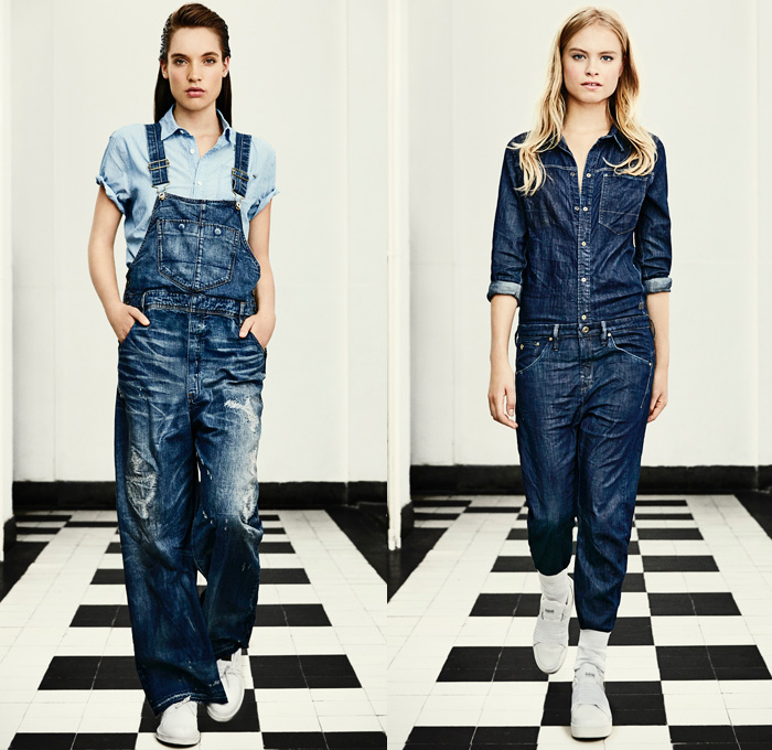 G-Star RAW Amsterdam 2016 Spring Summer Womens Lookbook - Raw Dry Vintage Selvedge Denim Jeans Cargo Pockets Outerwear Coat Parka Onesie Jumpsuit Coveralls Boiler Suit Bib Brace Dungarees Paint Splatter Stains Distressed Wide Leg Baggy Blouse Sneakers Faded Retro Suspenders Crop Top Midriff Jacket Knee Panels Dress Camo Camouflage Jungle Military Shorts