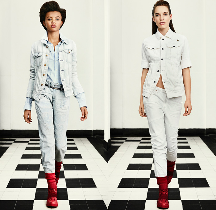 G-Star RAW Amsterdam 2016 Spring Summer Womens Lookbook - Raw Dry Vintage Selvedge Denim Jeans Cargo Pockets Outerwear Coat Parka Onesie Jumpsuit Coveralls Boiler Suit Bib Brace Dungarees Paint Splatter Stains Distressed Wide Leg Baggy Blouse Sneakers Faded Retro Suspenders Crop Top Midriff Jacket Knee Panels Dress Camo Camouflage Jungle Military Shorts