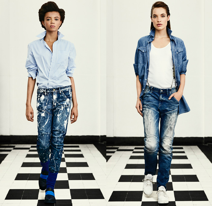 G-Star RAW Amsterdam 2016 Spring Summer Womens Lookbook - Raw Dry Vintage Selvedge Denim Jeans Cargo Pockets Outerwear Coat Parka Onesie Jumpsuit Coveralls Boiler Suit Bib Brace Dungarees Paint Splatter Stains Distressed Wide Leg Baggy Blouse Sneakers Faded Retro Suspenders Crop Top Midriff Jacket Knee Panels Dress Camo Camouflage Jungle Military Shorts