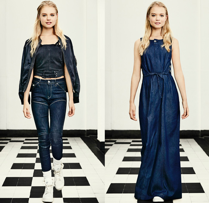 G-Star RAW Amsterdam 2016 Spring Summer Womens Lookbook - Raw Dry Vintage Selvedge Denim Jeans Cargo Pockets Outerwear Coat Parka Onesie Jumpsuit Coveralls Boiler Suit Bib Brace Dungarees Paint Splatter Stains Distressed Wide Leg Baggy Blouse Sneakers Faded Retro Suspenders Crop Top Midriff Jacket Knee Panels Dress Camo Camouflage Jungle Military Shorts