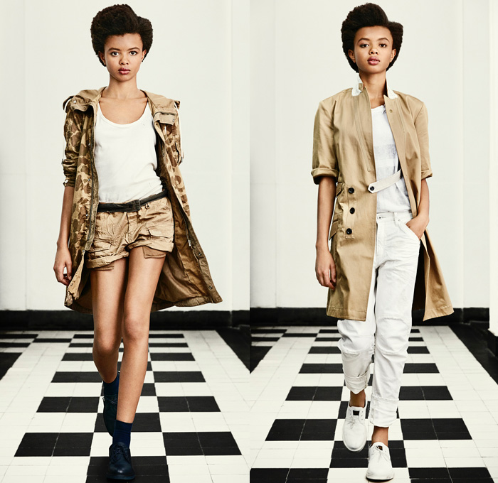 G-Star RAW Amsterdam 2016 Spring Summer Womens Lookbook - Raw Dry Vintage Selvedge Denim Jeans Cargo Pockets Outerwear Coat Parka Onesie Jumpsuit Coveralls Boiler Suit Bib Brace Dungarees Paint Splatter Stains Distressed Wide Leg Baggy Blouse Sneakers Faded Retro Suspenders Crop Top Midriff Jacket Knee Panels Dress Camo Camouflage Jungle Military Shorts