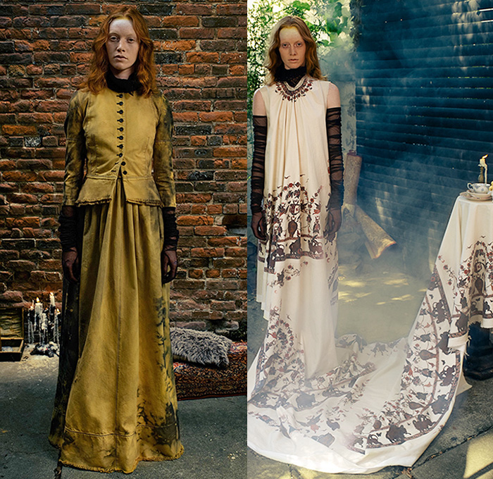 Gary Graham 2016 Spring Summer Womens Lookbook Presentation - New York Fashion Week - Pre-Raphaelite Sheer Chiffon Tulle Lace Hoodie Drapery Gown Eveningwear Maxi Dress Tiered Frayed Raw Hem Quilted Dark Tie-Dye Stained Ornamental Decorative Art Flowers Florals Flora Botanical Print Motif Shirtdress Embroidery Patchwork Illustration Stripes Vest Waistcoat Silk Knit Cape Skirt Umbrella Parasol Wagasa Basketweave Asymmetrical Hem