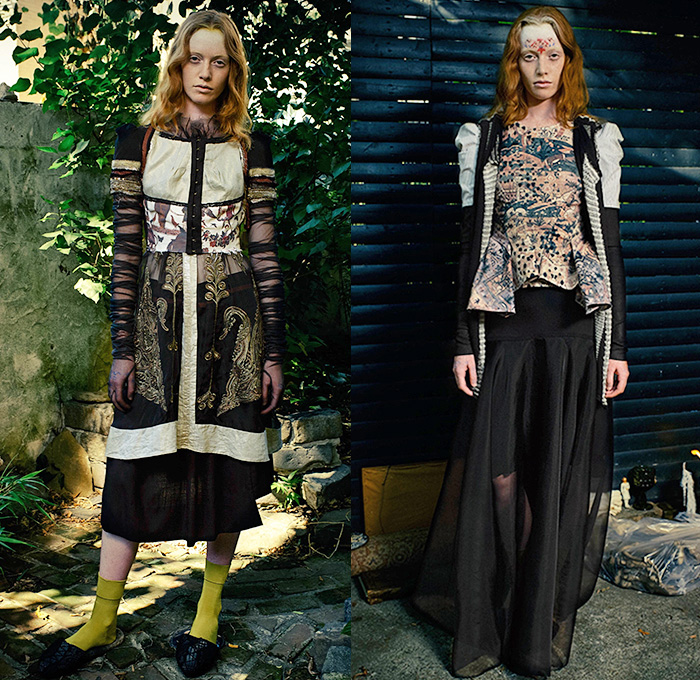 Gary Graham 2016 Spring Summer Womens Lookbook Presentation - New York Fashion Week - Pre-Raphaelite Sheer Chiffon Tulle Lace Hoodie Drapery Gown Eveningwear Maxi Dress Tiered Frayed Raw Hem Quilted Dark Tie-Dye Stained Ornamental Decorative Art Flowers Florals Flora Botanical Print Motif Shirtdress Embroidery Patchwork Illustration Stripes Vest Waistcoat Silk Knit Cape Skirt Umbrella Parasol Wagasa Basketweave Asymmetrical Hem