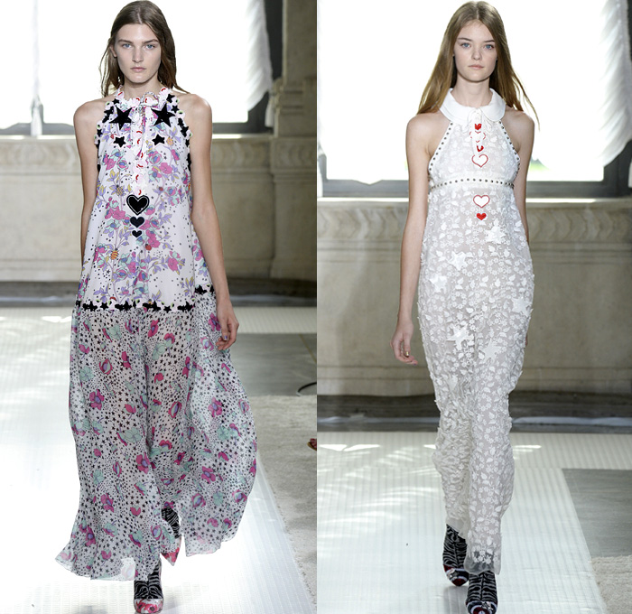 Giamba by Giambattista Valli 2016 Spring Summer Womens Runway Catwalk Looks - Milano Moda Donna Collezione Milan Fashion Week Italy - Art Nouveau Denim Jeans Fringes Planets Hearts Stars Lipstick Bullets Lips Fingernails Hands Embroidery Jewels Bedazzled Metallic Studs Studded Sequins Sheer Chiffon Tulle Lace Stripes Shorts Jacket Halter Top Vest Maxi Babydoll Dress Shirtdress Jumpsuit Romper Lounge Ruffles Flowers Tiered