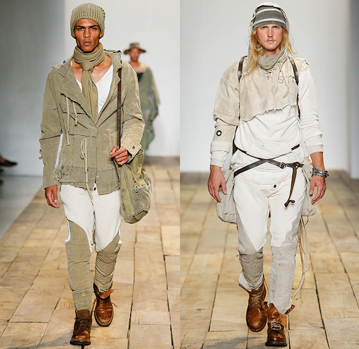 Greg Lauren 2016 Spring Summer Mens Runway Catwalk Looks - New York Fashion Week Mens - Huckleberry Finn Pre-War 1800s Denim Jeans Frayed Raw Hem Destroyed Destructed Vintage Burlap Sack Military Green Safari Deconstructed Indigo Three Piece Suit Patchwork Mix Match Outerwear Coat Onesie Jumpsuit Coveralls Bib Brace Dungarees Vest Waistcoat Cargo Pockets Hat Canvas Jogger Knit Cap Lace Up Railroad Stripes