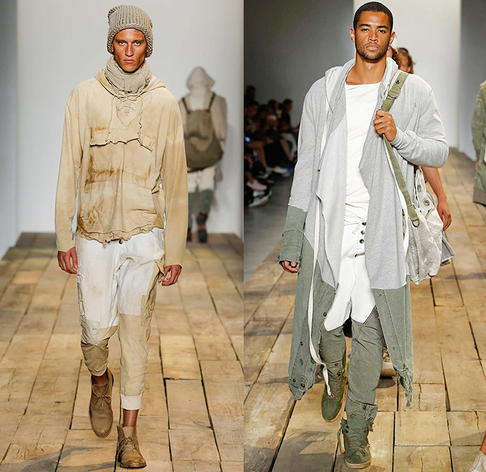 Greg Lauren 2016 Spring Summer Mens Runway Catwalk Looks - New York Fashion Week Mens - Huckleberry Finn Pre-War 1800s Denim Jeans Frayed Raw Hem Destroyed Destructed Vintage Burlap Sack Military Green Safari Deconstructed Indigo Three Piece Suit Patchwork Mix Match Outerwear Coat Onesie Jumpsuit Coveralls Bib Brace Dungarees Vest Waistcoat Cargo Pockets Hat Canvas Jogger Knit Cap Lace Up Railroad Stripes