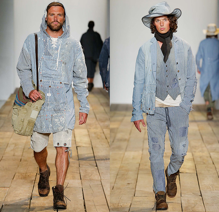 Greg Lauren 2016 Spring Summer Mens Runway Catwalk Looks - New York Fashion Week Mens - Huckleberry Finn Pre-War 1800s Denim Jeans Frayed Raw Hem Destroyed Destructed Vintage Burlap Sack Military Green Safari Deconstructed Indigo Three Piece Suit Patchwork Mix Match Outerwear Coat Onesie Jumpsuit Coveralls Bib Brace Dungarees Vest Waistcoat Cargo Pockets Hat Canvas Jogger Knit Cap Lace Up Railroad Stripes