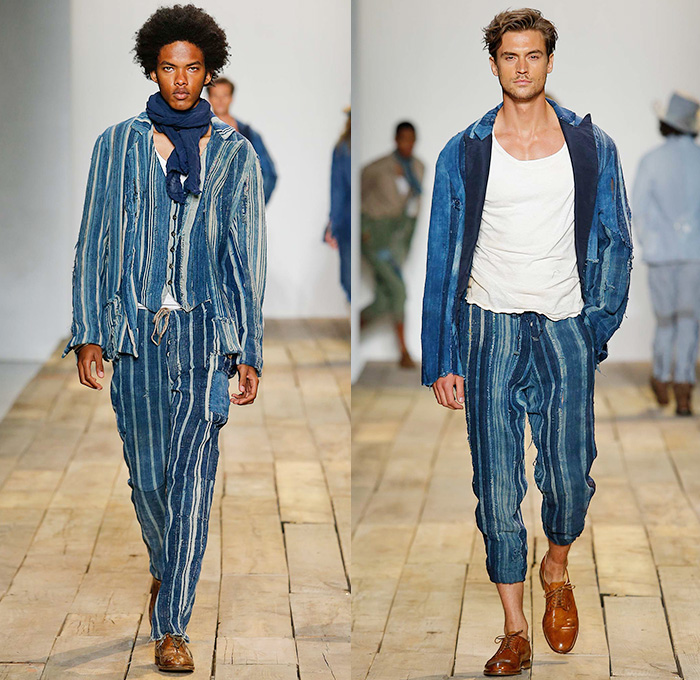 Greg Lauren 2016 Spring Summer Mens Runway Catwalk Looks - New York Fashion Week Mens - Huckleberry Finn Pre-War 1800s Denim Jeans Frayed Raw Hem Destroyed Destructed Vintage Burlap Sack Military Green Safari Deconstructed Indigo Three Piece Suit Patchwork Mix Match Outerwear Coat Onesie Jumpsuit Coveralls Bib Brace Dungarees Vest Waistcoat Cargo Pockets Hat Canvas Jogger Knit Cap Lace Up Railroad Stripes