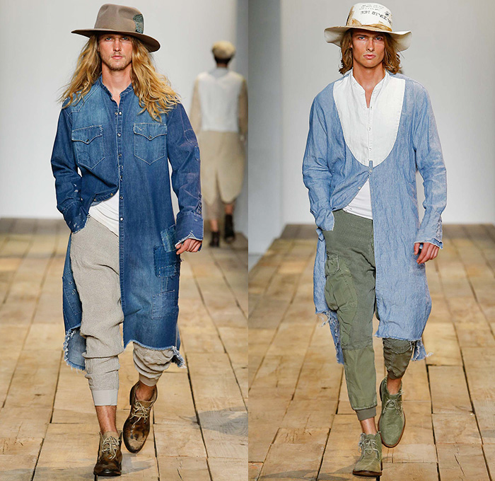 Greg Lauren 2016 Spring Summer Mens Runway Catwalk Looks - New York Fashion Week Mens - Huckleberry Finn Pre-War 1800s Denim Jeans Frayed Raw Hem Destroyed Destructed Vintage Burlap Sack Military Green Safari Deconstructed Indigo Three Piece Suit Patchwork Mix Match Outerwear Coat Onesie Jumpsuit Coveralls Bib Brace Dungarees Vest Waistcoat Cargo Pockets Hat Canvas Jogger Knit Cap Lace Up Railroad Stripes