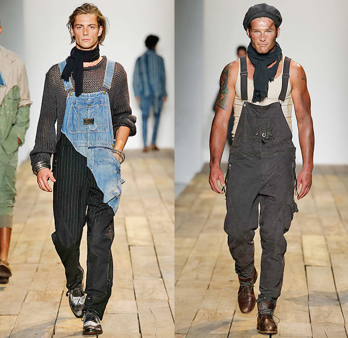 Greg Lauren 2016 Spring Summer Mens Runway Catwalk Looks - New York Fashion Week Mens - Huckleberry Finn Pre-War 1800s Denim Jeans Frayed Raw Hem Destroyed Destructed Vintage Burlap Sack Military Green Safari Deconstructed Indigo Three Piece Suit Patchwork Mix Match Outerwear Coat Onesie Jumpsuit Coveralls Bib Brace Dungarees Vest Waistcoat Cargo Pockets Hat Canvas Jogger Knit Cap Lace Up Railroad Stripes