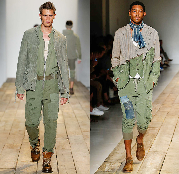 Greg Lauren 2016 Spring Summer Mens Runway Catwalk Looks - New York Fashion Week Mens - Huckleberry Finn Pre-War 1800s Denim Jeans Frayed Raw Hem Destroyed Destructed Vintage Burlap Sack Military Green Safari Deconstructed Indigo Three Piece Suit Patchwork Mix Match Outerwear Coat Onesie Jumpsuit Coveralls Bib Brace Dungarees Vest Waistcoat Cargo Pockets Hat Canvas Jogger Knit Cap Lace Up Railroad Stripes