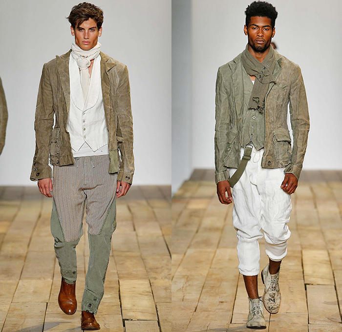 Greg Lauren 2016 Spring Summer Mens Runway Catwalk Looks - New York Fashion Week Mens - Huckleberry Finn Pre-War 1800s Denim Jeans Frayed Raw Hem Destroyed Destructed Vintage Burlap Sack Military Green Safari Deconstructed Indigo Three Piece Suit Patchwork Mix Match Outerwear Coat Onesie Jumpsuit Coveralls Bib Brace Dungarees Vest Waistcoat Cargo Pockets Hat Canvas Jogger Knit Cap Lace Up Railroad Stripes