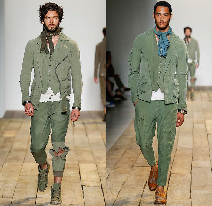 Greg Lauren 2016 Spring Summer Mens Runway Catwalk Looks - New York Fashion Week Mens - Huckleberry Finn Pre-War 1800s Denim Jeans Frayed Raw Hem Destroyed Destructed Vintage Burlap Sack Military Green Safari Deconstructed Indigo Three Piece Suit Patchwork Mix Match Outerwear Coat Onesie Jumpsuit Coveralls Bib Brace Dungarees Vest Waistcoat Cargo Pockets Hat Canvas Jogger Knit Cap Lace Up Railroad Stripes