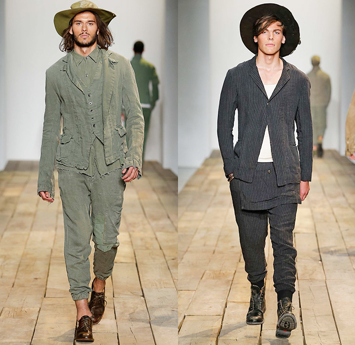 Greg Lauren 2016 Spring Summer Mens Runway Catwalk Looks - New York Fashion Week Mens - Huckleberry Finn Pre-War 1800s Denim Jeans Frayed Raw Hem Destroyed Destructed Vintage Burlap Sack Military Green Safari Deconstructed Indigo Three Piece Suit Patchwork Mix Match Outerwear Coat Onesie Jumpsuit Coveralls Bib Brace Dungarees Vest Waistcoat Cargo Pockets Hat Canvas Jogger Knit Cap Lace Up Railroad Stripes