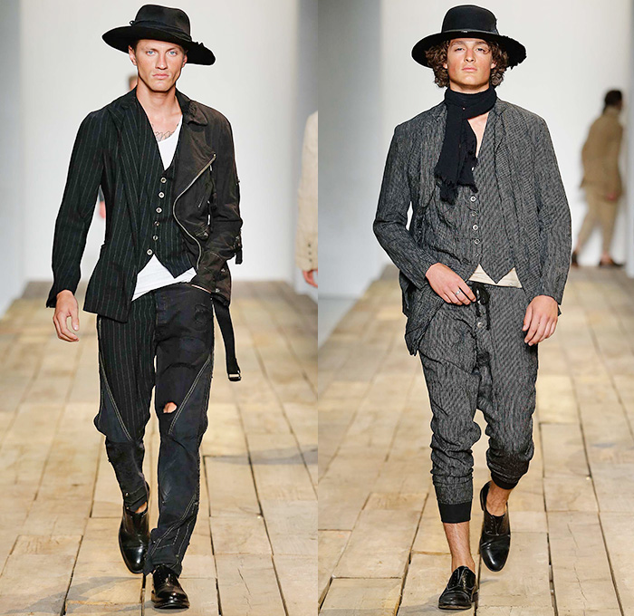 Greg Lauren 2016 Spring Summer Mens Runway Catwalk Looks - New York Fashion Week Mens - Huckleberry Finn Pre-War 1800s Denim Jeans Frayed Raw Hem Destroyed Destructed Vintage Burlap Sack Military Green Safari Deconstructed Indigo Three Piece Suit Patchwork Mix Match Outerwear Coat Onesie Jumpsuit Coveralls Bib Brace Dungarees Vest Waistcoat Cargo Pockets Hat Canvas Jogger Knit Cap Lace Up Railroad Stripes