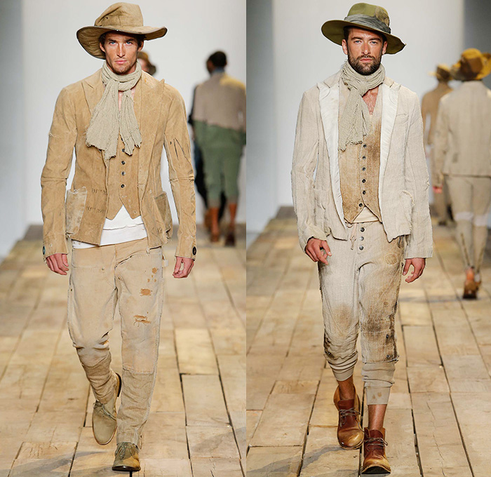 Greg Lauren 2016 Spring Summer Mens Runway Catwalk Looks - New York Fashion Week Mens - Huckleberry Finn Pre-War 1800s Denim Jeans Frayed Raw Hem Destroyed Destructed Vintage Burlap Sack Military Green Safari Deconstructed Indigo Three Piece Suit Patchwork Mix Match Outerwear Coat Onesie Jumpsuit Coveralls Bib Brace Dungarees Vest Waistcoat Cargo Pockets Hat Canvas Jogger Knit Cap Lace Up Railroad Stripes