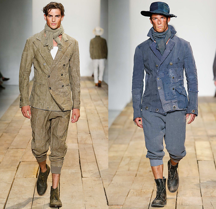 Greg Lauren 2016 Spring Summer Mens Runway Catwalk Looks - New York Fashion Week Mens - Huckleberry Finn Pre-War 1800s Denim Jeans Frayed Raw Hem Destroyed Destructed Vintage Burlap Sack Military Green Safari Deconstructed Indigo Three Piece Suit Patchwork Mix Match Outerwear Coat Onesie Jumpsuit Coveralls Bib Brace Dungarees Vest Waistcoat Cargo Pockets Hat Canvas Jogger Knit Cap Lace Up Railroad Stripes