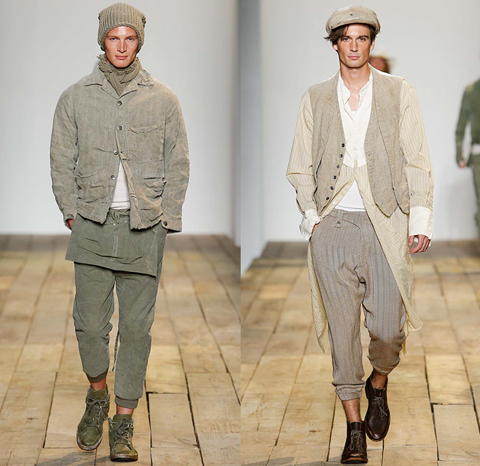 Greg Lauren 2016 Spring Summer Mens Runway Catwalk Looks - New York Fashion Week Mens - Huckleberry Finn Pre-War 1800s Denim Jeans Frayed Raw Hem Destroyed Destructed Vintage Burlap Sack Military Green Safari Deconstructed Indigo Three Piece Suit Patchwork Mix Match Outerwear Coat Onesie Jumpsuit Coveralls Bib Brace Dungarees Vest Waistcoat Cargo Pockets Hat Canvas Jogger Knit Cap Lace Up Railroad Stripes