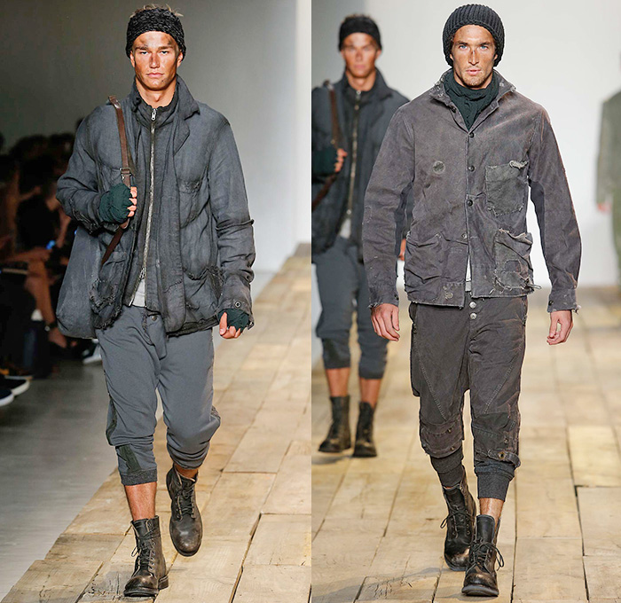 Greg Lauren 2016 Spring Summer Mens Runway Catwalk Looks - New York Fashion Week Mens - Huckleberry Finn Pre-War 1800s Denim Jeans Frayed Raw Hem Destroyed Destructed Vintage Burlap Sack Military Green Safari Deconstructed Indigo Three Piece Suit Patchwork Mix Match Outerwear Coat Onesie Jumpsuit Coveralls Bib Brace Dungarees Vest Waistcoat Cargo Pockets Hat Canvas Jogger Knit Cap Lace Up Railroad Stripes