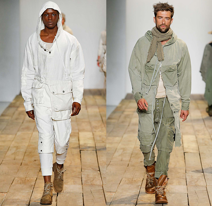 Greg Lauren 2016 Spring Summer Mens Runway Catwalk Looks - New York Fashion Week Mens - Huckleberry Finn Pre-War 1800s Denim Jeans Frayed Raw Hem Destroyed Destructed Vintage Burlap Sack Military Green Safari Deconstructed Indigo Three Piece Suit Patchwork Mix Match Outerwear Coat Onesie Jumpsuit Coveralls Bib Brace Dungarees Vest Waistcoat Cargo Pockets Hat Canvas Jogger Knit Cap Lace Up Railroad Stripes