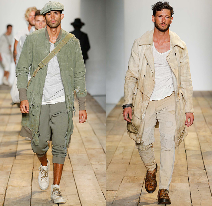 Greg Lauren 2016 Spring Summer Mens Runway Catwalk Looks - New York Fashion Week Mens - Huckleberry Finn Pre-War 1800s Denim Jeans Frayed Raw Hem Destroyed Destructed Vintage Burlap Sack Military Green Safari Deconstructed Indigo Three Piece Suit Patchwork Mix Match Outerwear Coat Onesie Jumpsuit Coveralls Bib Brace Dungarees Vest Waistcoat Cargo Pockets Hat Canvas Jogger Knit Cap Lace Up Railroad Stripes