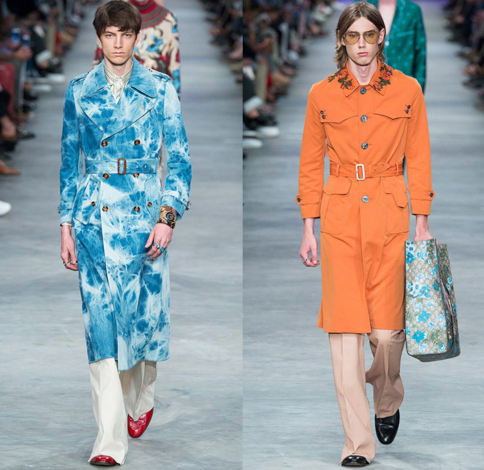 Gucci 2016 Spring Summer Mens Runway Catwalk Looks Alessandro Michele - Milano Moda Uomo Collezione Milan Fashion Week Italy - 1970s Seventies Flare Denim Jeans Outerwear Trench Coat Jacket Tie-dye Acid Wash Wide Leg Trousers Bees Flowers Florals Botanical Print Motif Embroidery Adornments Bedazzled Metallic Studs Leather Round Collar Panels Suede Check Zigzag Knit Sweater Lace Androgyny Ribbon Stripes Jacquard