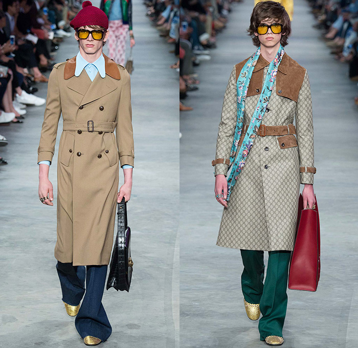 Gucci 2016 Spring Summer Mens Runway Catwalk Looks Alessandro Michele - Milano Moda Uomo Collezione Milan Fashion Week Italy - 1970s Seventies Flare Denim Jeans Outerwear Trench Coat Jacket Tie-dye Acid Wash Wide Leg Trousers Bees Flowers Florals Botanical Print Motif Embroidery Adornments Bedazzled Metallic Studs Leather Round Collar Panels Suede Check Zigzag Knit Sweater Lace Androgyny Ribbon Stripes Jacquard