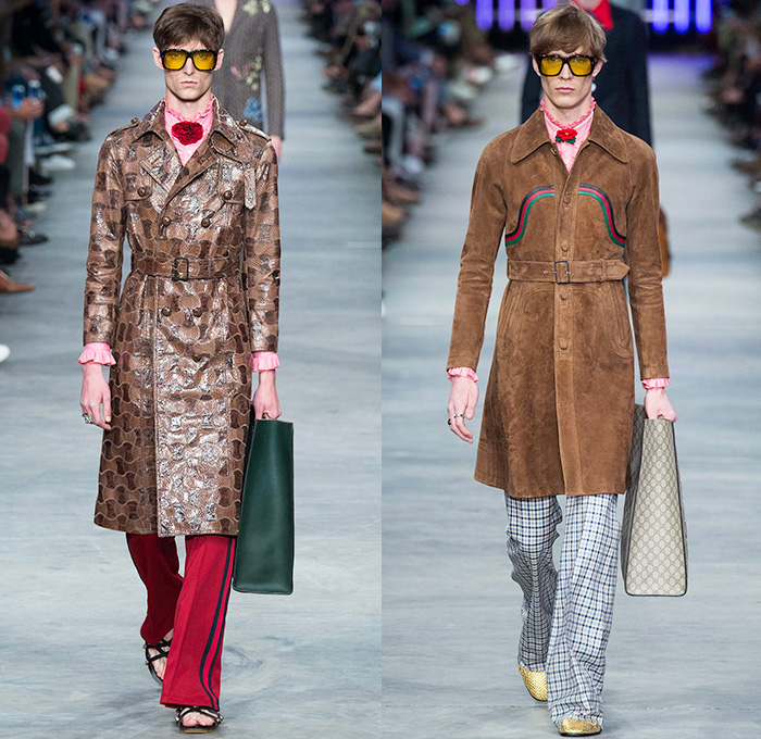 Gucci 2016 Spring Summer Mens Runway Catwalk Looks Alessandro Michele - Milano Moda Uomo Collezione Milan Fashion Week Italy - 1970s Seventies Flare Denim Jeans Outerwear Trench Coat Jacket Tie-dye Acid Wash Wide Leg Trousers Bees Flowers Florals Botanical Print Motif Embroidery Adornments Bedazzled Metallic Studs Leather Round Collar Panels Suede Check Zigzag Knit Sweater Lace Androgyny Ribbon Stripes Jacquard