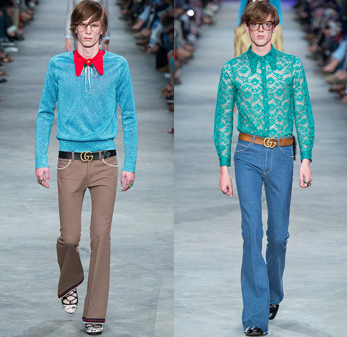 Gucci 2016 Spring Summer Mens Runway Catwalk Looks Alessandro Michele - Milano Moda Uomo Collezione Milan Fashion Week Italy - 1970s Seventies Flare Denim Jeans Outerwear Trench Coat Jacket Tie-dye Acid Wash Wide Leg Trousers Bees Flowers Florals Botanical Print Motif Embroidery Adornments Bedazzled Metallic Studs Leather Round Collar Panels Suede Check Zigzag Knit Sweater Lace Androgyny Ribbon Stripes Jacquard