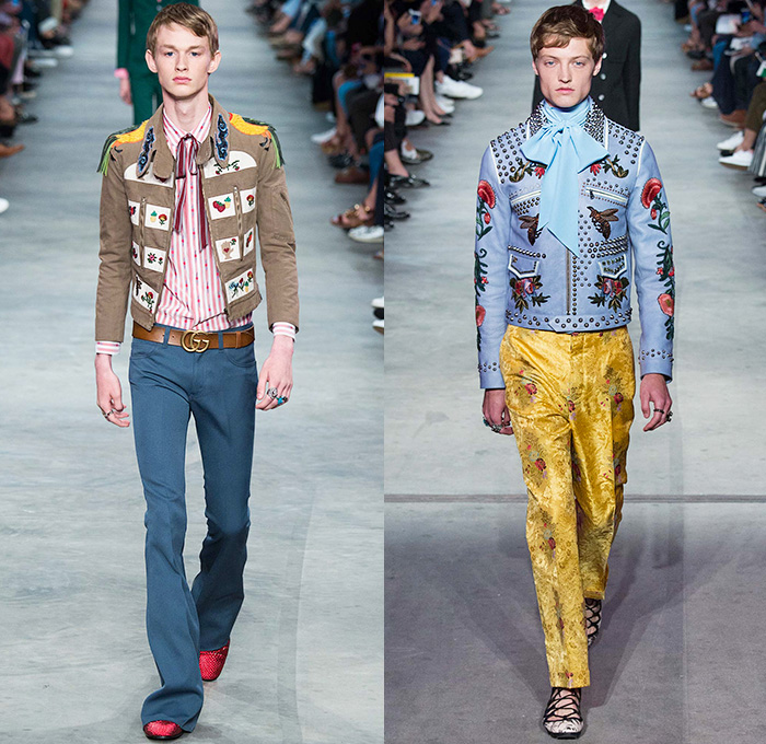 Gucci 2016 Spring Summer Mens Runway Catwalk Looks Alessandro Michele - Milano Moda Uomo Collezione Milan Fashion Week Italy - 1970s Seventies Flare Denim Jeans Outerwear Trench Coat Jacket Tie-dye Acid Wash Wide Leg Trousers Bees Flowers Florals Botanical Print Motif Embroidery Adornments Bedazzled Metallic Studs Leather Round Collar Panels Suede Check Zigzag Knit Sweater Lace Androgyny Ribbon Stripes Jacquard