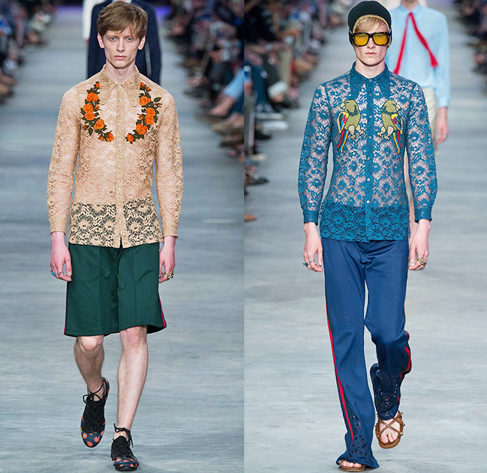 Gucci 2016 Spring Summer Mens Runway Catwalk Looks Alessandro Michele - Milano Moda Uomo Collezione Milan Fashion Week Italy - 1970s Seventies Flare Denim Jeans Outerwear Trench Coat Jacket Tie-dye Acid Wash Wide Leg Trousers Bees Flowers Florals Botanical Print Motif Embroidery Adornments Bedazzled Metallic Studs Leather Round Collar Panels Suede Check Zigzag Knit Sweater Lace Androgyny Ribbon Stripes Jacquard