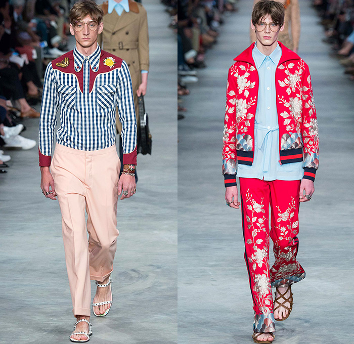 Gucci 2016 Spring Summer Mens Runway Catwalk Looks Alessandro Michele - Milano Moda Uomo Collezione Milan Fashion Week Italy - 1970s Seventies Flare Denim Jeans Outerwear Trench Coat Jacket Tie-dye Acid Wash Wide Leg Trousers Bees Flowers Florals Botanical Print Motif Embroidery Adornments Bedazzled Metallic Studs Leather Round Collar Panels Suede Check Zigzag Knit Sweater Lace Androgyny Ribbon Stripes Jacquard