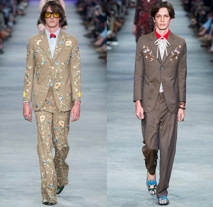 Gucci 2016 Spring Summer Mens Runway Catwalk Looks Alessandro Michele - Milano Moda Uomo Collezione Milan Fashion Week Italy - 1970s Seventies Flare Denim Jeans Outerwear Trench Coat Jacket Tie-dye Acid Wash Wide Leg Trousers Bees Flowers Florals Botanical Print Motif Embroidery Adornments Bedazzled Metallic Studs Leather Round Collar Panels Suede Check Zigzag Knit Sweater Lace Androgyny Ribbon Stripes Jacquard