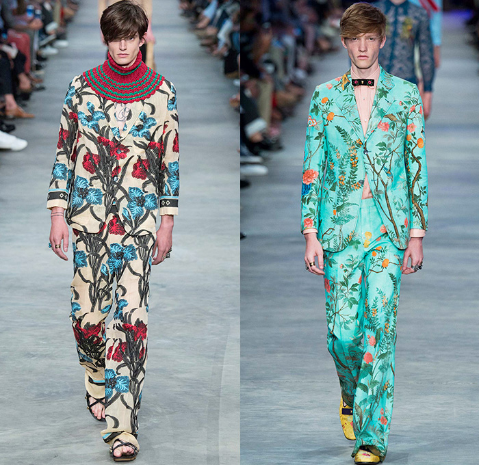 Gucci 2016 Spring Summer Mens Runway Catwalk Looks Alessandro Michele - Milano Moda Uomo Collezione Milan Fashion Week Italy - 1970s Seventies Flare Denim Jeans Outerwear Trench Coat Jacket Tie-dye Acid Wash Wide Leg Trousers Bees Flowers Florals Botanical Print Motif Embroidery Adornments Bedazzled Metallic Studs Leather Round Collar Panels Suede Check Zigzag Knit Sweater Lace Androgyny Ribbon Stripes Jacquard