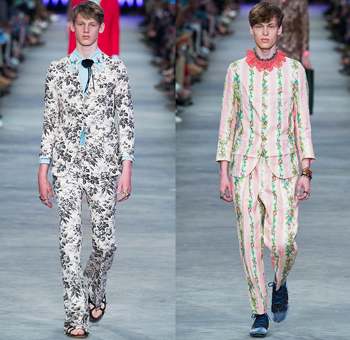 Gucci 2016 Spring Summer Mens Runway Catwalk Looks Alessandro Michele - Milano Moda Uomo Collezione Milan Fashion Week Italy - 1970s Seventies Flare Denim Jeans Outerwear Trench Coat Jacket Tie-dye Acid Wash Wide Leg Trousers Bees Flowers Florals Botanical Print Motif Embroidery Adornments Bedazzled Metallic Studs Leather Round Collar Panels Suede Check Zigzag Knit Sweater Lace Androgyny Ribbon Stripes Jacquard