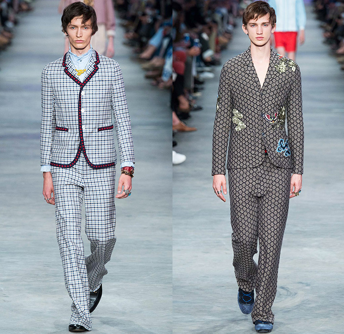 Gucci 2016 Spring Summer Mens Runway Catwalk Looks Alessandro Michele - Milano Moda Uomo Collezione Milan Fashion Week Italy - 1970s Seventies Flare Denim Jeans Outerwear Trench Coat Jacket Tie-dye Acid Wash Wide Leg Trousers Bees Flowers Florals Botanical Print Motif Embroidery Adornments Bedazzled Metallic Studs Leather Round Collar Panels Suede Check Zigzag Knit Sweater Lace Androgyny Ribbon Stripes Jacquard