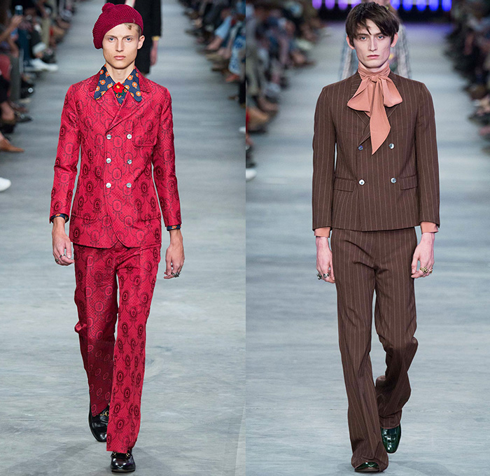Gucci 2016 Spring Summer Mens Runway Catwalk Looks Alessandro Michele - Milano Moda Uomo Collezione Milan Fashion Week Italy - 1970s Seventies Flare Denim Jeans Outerwear Trench Coat Jacket Tie-dye Acid Wash Wide Leg Trousers Bees Flowers Florals Botanical Print Motif Embroidery Adornments Bedazzled Metallic Studs Leather Round Collar Panels Suede Check Zigzag Knit Sweater Lace Androgyny Ribbon Stripes Jacquard