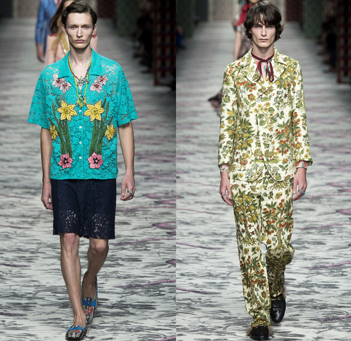 Gucci 2016 Spring Summer Mens Runway Catwalk Looks Designer Alessandro Michele - Milano Moda Donna Milan Fashion Week Italy - Flowers Floral Botanical Print Graphic Pattern Motif Lace Shorts Shirt Embroidery Fruits Animals Peacock Trees Suit Blazer Pants Trousers Ornamental Decorative Art Geometric Ants Insects Necktie Eye Silk Stripes Bejeweled