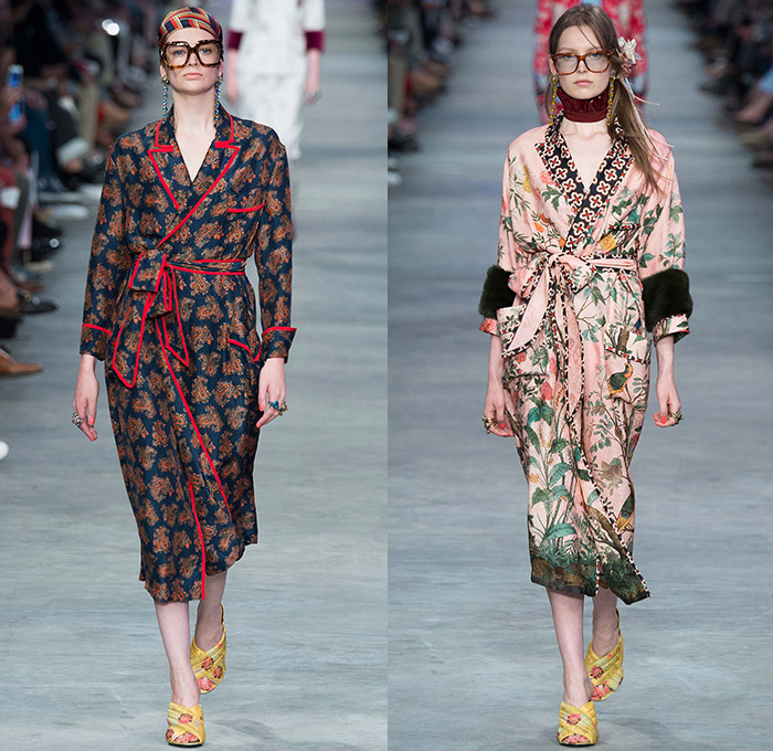 Gucci 2016 Spring Summer Womens Runway Catwalk Looks Alessandro Michele - Milano Moda Uomo Collezione Milan Fashion Week Italy - Robe Paisley Loungewear Flowers Floral Leaves Foliage Print Motif Birds Furry Pantsuit Ornamental Print Decorative Art Pussycat Bow Embroidery Choker Lace Heart Shirtdress Handbag