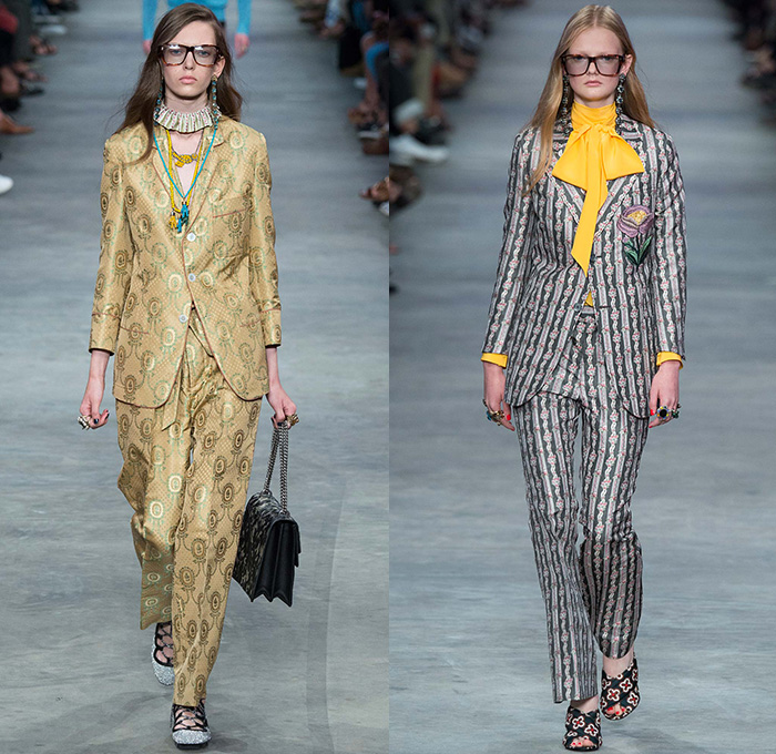 Gucci 2016 Spring Summer Womens Runway Catwalk Looks Alessandro Michele - Milano Moda Uomo Collezione Milan Fashion Week Italy - Robe Paisley Loungewear Flowers Floral Leaves Foliage Print Motif Birds Furry Pantsuit Ornamental Print Decorative Art Pussycat Bow Embroidery Choker Lace Heart Shirtdress Handbag