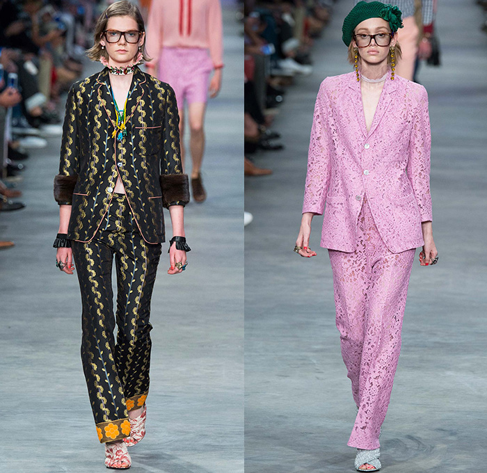 Gucci 2016 Spring Summer Womens Runway Catwalk Looks Alessandro Michele - Milano Moda Uomo Collezione Milan Fashion Week Italy - Robe Paisley Loungewear Flowers Floral Leaves Foliage Print Motif Birds Furry Pantsuit Ornamental Print Decorative Art Pussycat Bow Embroidery Choker Lace Heart Shirtdress Handbag