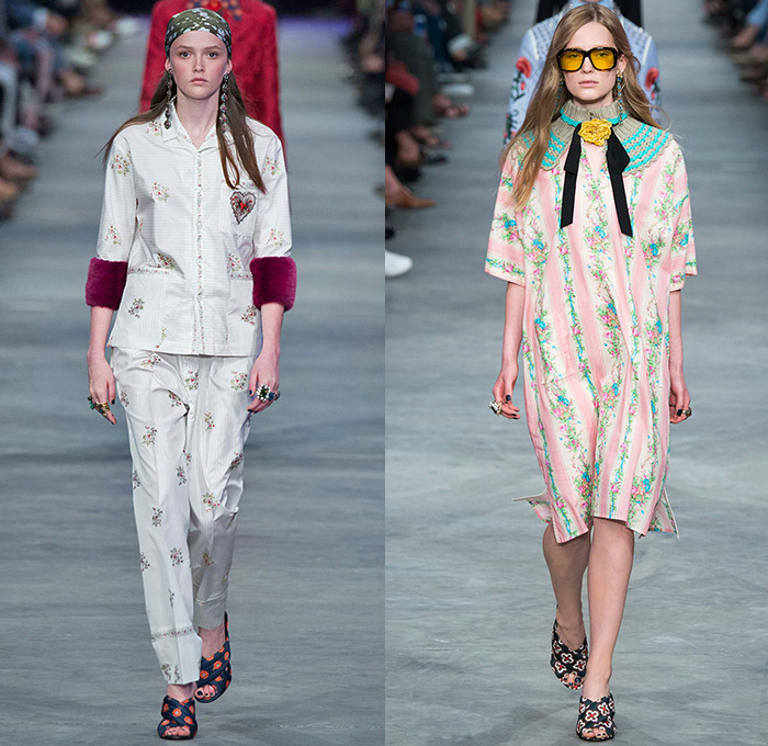 Gucci 2016 Spring Summer Womens Runway Catwalk Looks Alessandro Michele - Milano Moda Uomo Collezione Milan Fashion Week Italy - Robe Paisley Loungewear Flowers Floral Leaves Foliage Print Motif Birds Furry Pantsuit Ornamental Print Decorative Art Pussycat Bow Embroidery Choker Lace Heart Shirtdress Handbag