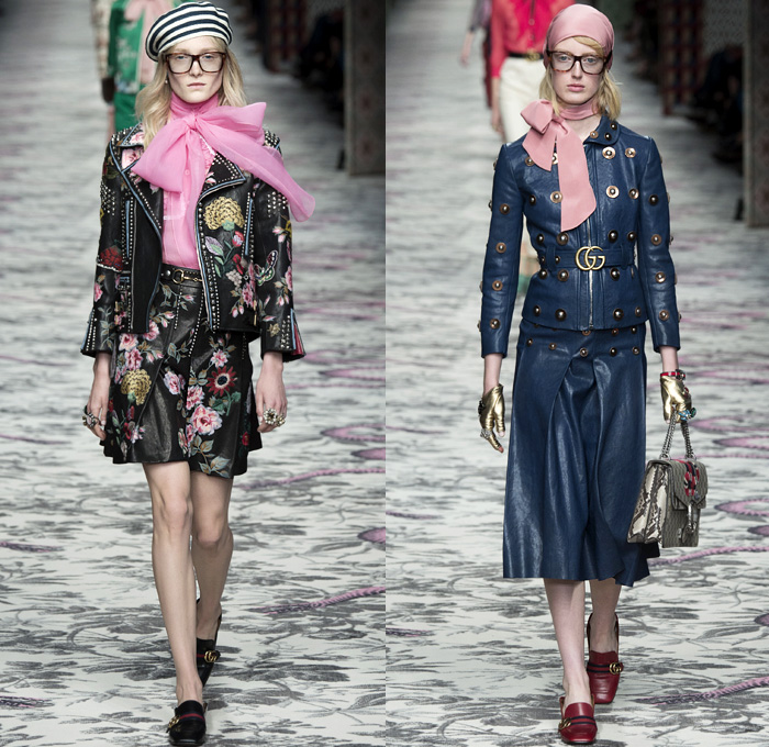 Gucci 2016 Spring Summer Womens Runway Catwalk Looks Designer Alessandro Michele - Milano Moda Donna Milan Fashion Week Italy - Silk Satin Sheer Chiffon Knit Lace Crochet Jacquard Flowers Floral Motif Ornamental Embroidery Sequins Pussycat Bow Ribbon Outerwear Coat Pantsuit Pant Suit Trouser Suit Crop Top Midriff Bralette Motorcycle Biker Leather Maxi Dress Goddess Gown Necktie Ruffles Tiered