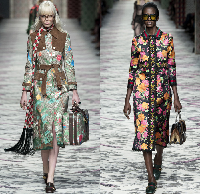 Gucci 2016 Spring Summer Womens Runway Catwalk Looks Designer Alessandro Michele - Milano Moda Donna Milan Fashion Week Italy - Silk Satin Sheer Chiffon Knit Lace Crochet Jacquard Flowers Floral Motif Ornamental Embroidery Sequins Pussycat Bow Ribbon Outerwear Coat Pantsuit Pant Suit Trouser Suit Crop Top Midriff Bralette Motorcycle Biker Leather Maxi Dress Goddess Gown Necktie Ruffles Tiered